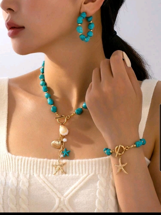 Jewelry - BRAND NEW ** Turquoise Blue  Bead & Gold Starfish Jewelry Set